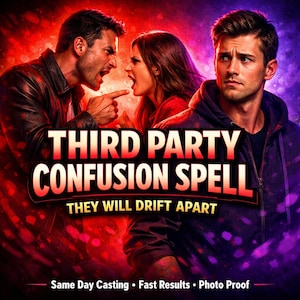 May include: A digital graphic with three people and the text "THIRD PARTY CONFUSION SPELL." The image has a red and purple color scheme. The text "THEY WILL DRIFT APART" is also included.