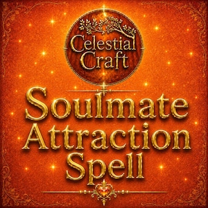 May include: A square graphic with a textured orange background featuring gold lettering that reads Celestial Craft, Soulmate Attraction Spell. The design includes a circular emblem at the top, a small heart icon at the bottom, and sparkling light effects.