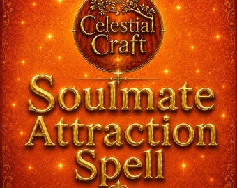 May include: A square graphic with a textured orange background featuring gold lettering that reads Celestial Craft, Soulmate Attraction Spell. The design includes a circular emblem at the top, a small heart icon at the bottom, and sparkling light effects.
