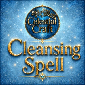 May include: A circular emblem featuring the gold text Celestial Craft above a tree branch graphic, set against a blue textured background with sparkling stars. Below, the gold text Cleansing Spell is centered with a small blue heart icon.