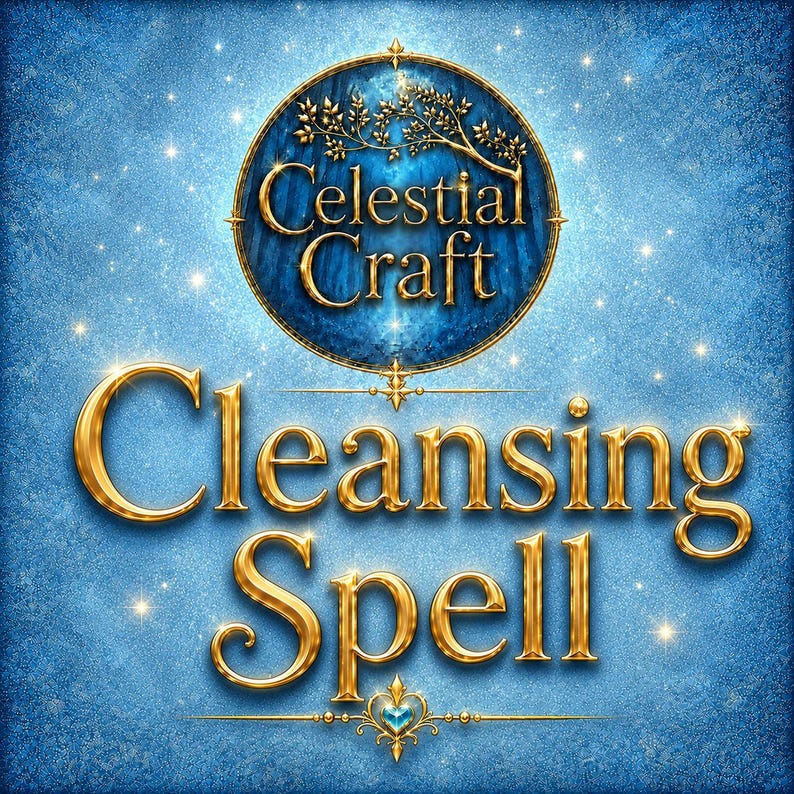 May include: A circular emblem featuring the gold text Celestial Craft above a tree branch graphic, set against a blue textured background with sparkling stars. Below, the gold text Cleansing Spell is centered with a small blue heart icon.