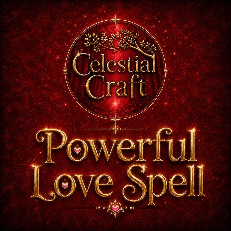 May include: A deep red textured background featuring a circular emblem with gold text reading Celestial Craft, topped with a golden tree branch. Below, the gold text reads Powerful Love Spell, accented with three small pink heart icons.