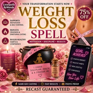 May include: An advertisement for a weight loss spell. The image features a woman measuring her waist, a smartphone with "Goal Achieved" on the screen, a candle, a cauldron, and text that reads "Weight Loss Spell".