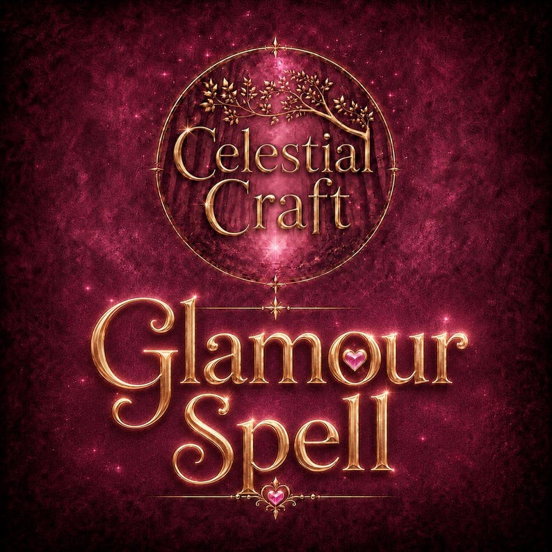 May include: A deep magenta graphic design featuring the gold text Celestial Craft inside a circular frame with tree branches. Below, the gold text Glamour Spell is displayed with two small pink heart icons integrated into the lettering and borders.