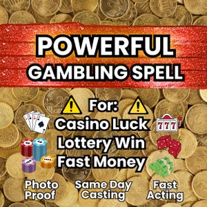 Könnte beinhalten: Bild mit einem Hintergrund aus Goldmünzen. Der Text "POWERFUL GAMBLING SPELL" wird auf einem roten Glitzerbanner angezeigt. Zusätzlicher Text enthält "Casino Luck, Lottery Win, Fast Money, Photo Proof, Same Day Casting, Fast Acting."