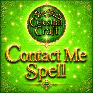 Op de afbeelding: Een heldergroene, getextureerde achtergrond met een cirkelvormig embleem met een gouden boomtak en de tekst Celestial Craft. Onder het embleem staan de woorden Contact Me Spell in grote, metallic gouden, driedimensionale letters.