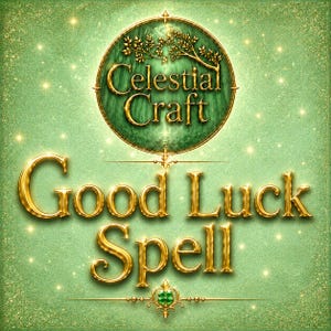 Può includere: Una grafica quadrata con uno sfondo verde testurizzato e scintillii dorati. In alto, un emblema circolare mostra il testo Celestial Craft con l'illustrazione di un ramo. Sotto, il testo dorato recita Good Luck Spell con un'icona a forma di trifoglio.