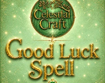 May include: A square graphic featuring a green textured background with gold sparkles. At the top, a circular emblem displays the text Celestial Craft with a tree branch illustration. Below, the gold text reads Good Luck Spell with a clover icon.