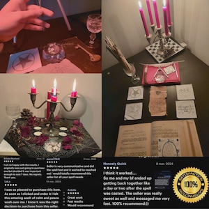 Puede incluir: Un surtido de objetos m&iacute;sticos, que incluyen velas encendidas, un candelabro y un libro con texto manuscrito. La escena incluye un pentagrama, un vaso de l&iacute;quido y peque&ntilde;os papeles con s&iacute;mbolos. La imagen tiene una est&eacute;tica oscura y misteriosa.