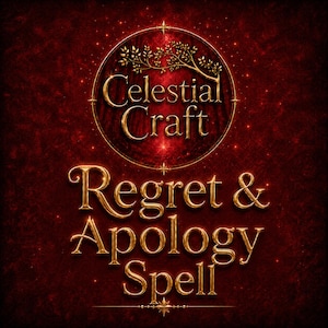 May include: A dark red textured background featuring a circular emblem with a golden tree branch design. The text reads Celestial Craft in gold, followed by the words Regret & Apology Spell in a metallic gold font with a glowing effect.