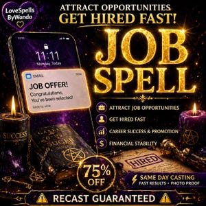 Op de afbeelding: Een advertentie voor een banenmagie, met een smartphone die een melding van een baanbod weergeeft. De afbeelding bevat kaarsen, een boek met een pentagram en tekst die luidt: "TREK KANSEN AAN, WORD SNEL AANGENOMEN!" en "75% KORTING".