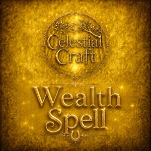 May include: A square graphic with a textured gold background featuring the text Celestial Craft inside a circular border with a branch motif. Below the circle, the words Wealth Spell are written in large, embossed gold lettering with a horseshoe.