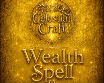 May include: A square graphic with a textured gold background featuring the text Celestial Craft inside a circular border with a branch motif. Below the circle, the words Wealth Spell are written in large, embossed gold lettering with a horseshoe.