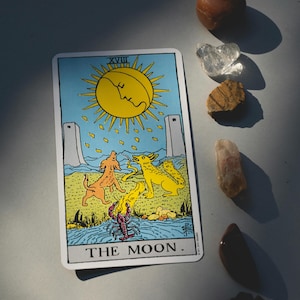 Puede incluir: Una carta del tarot con un sol amarillo con una cara, dos perros y una langosta, con el texto "THE MOON". Varias piedras preciosas pulidas en tonos marr&oacute;n, transparente y naranja est&aacute;n dispersas alrededor de la carta.