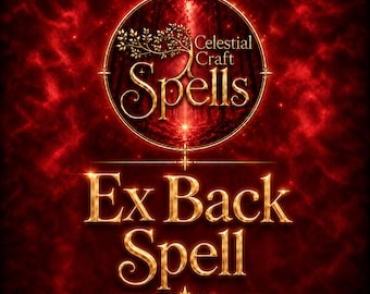 May include: A digital graphic with a deep red, textured background featuring a circular emblem at the top containing a golden tree silhouette and the text Celestial Craft Spells. Below the emblem, the text Ex Back Spell is written in gold.