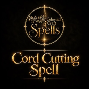 Puede incluir: Un diseño gráfico con texto dorado sobre un fondo negro. El círculo superior contiene la silueta de un árbol y el texto Celestial Craft Spells. Debajo, el texto Cord Cutting Spell está escrito en una fuente serif dorada metálica.