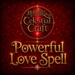 Puede incluir: Un diseño gráfico que presenta el texto dorado Celestial Craft dentro de un borde circular con un motivo de rama de árbol, sobre el texto dorado Powerful Love Spell, todo sobre un fondo rojo texturizado con pequeños corazones rosas.