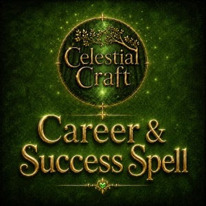 Könnte beinhalten: Ein dunkelgrüner, texturierter Hintergrund mit einem kreisförmigen Emblem, das eine goldene Baumzweiggrafik und den Text Celestial Craft zeigt. Unter dem Emblem steht der goldene Text Career & Success Spell, akzentuiert durch ein kleines grünes Herz.