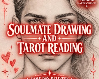 May include: A graphite-style illustration featuring a split face of two individuals. The text reads SOULMATE DRAWING AND TAROT READING, +19.000 HAPPY CLIENTS, and SAME DAY DELIVERY. Red decorative elements include hearts, stars, and crescent moons.
