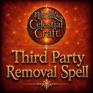 Könnte beinhalten: Eine digitale Grafik mit einem dunkelorangen und roten strukturierten Hintergrund, die den Text Celestial Craft in einem kreisförmigen Rahmen mit einer Astillustration zeigt. Darunter steht der Text Third Party Removal Spell in goldener Schrift.