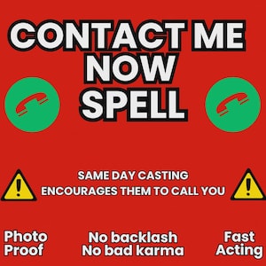 Puede incluir: Fondo rojo con texto blanco que dice "CONTACTA CONMIGO AHORA SPELL". Círculos verdes con un icono de teléfono rojo a ambos lados del texto. Debajo están las palabras "SAME DAY CASTING ENCOURAGES THEM TO CALL YOU."