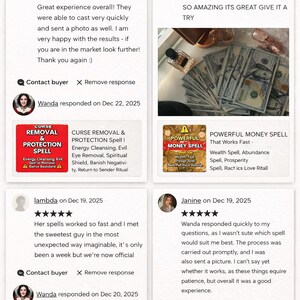 Puede incluir: Una p&aacute;gina web que muestra rese&ntilde;as de clientes con calificaciones de cinco estrellas. Las rese&ntilde;as mencionan experiencias positivas con hechizos, incluyendo eliminaci&oacute;n de maldiciones, hechizos de dinero y hechizos de amor. Tambi&eacute;n hay im&aacute;genes de dinero y velas.