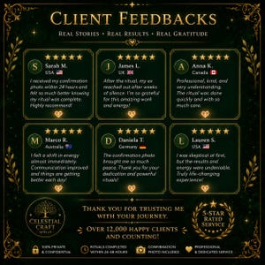 May include: A dark green graphic display titled CLIENT FEEDBACKS featuring six five-star reviews from clients. The text includes testimonials, the brand name CELESTIAL CRAFT SPELLS, and service details like 100% private, 24-48 hour completion, and photo confirmation.