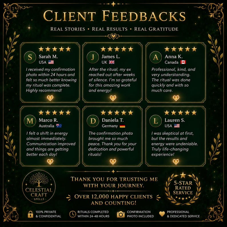 May include: A dark green graphic display titled CLIENT FEEDBACKS featuring six five-star reviews from clients. The text includes testimonials, the brand name CELESTIAL CRAFT SPELLS, and service details like 100% private, 24-48 hour completion, and photo confirmation.