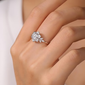 2 CT Round Moissanite Engagement Ring – Floral Inspired Halo Cluster Design in 18K Gold, Comfort Fit Ring For Her, Anniversary Gift Ring