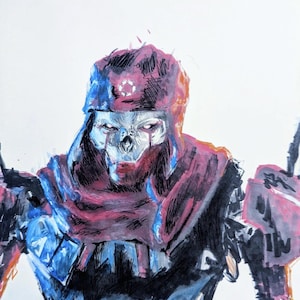 May include: A watercolor illustration of a character with a skull-like face, wearing a red and blue hooded garment. The character has glowing white eyes and a stern expression. The artwork is set against a white background.