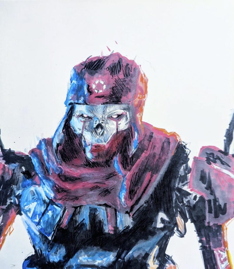 May include: A watercolor illustration of a character with a skull-like face, wearing a red and blue hooded garment. The character has glowing white eyes and a stern expression. The artwork is set against a white background.