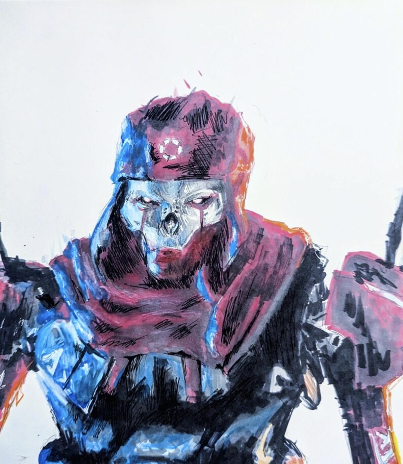 May include: A watercolor illustration of a character with a skull-like face, wearing a red and blue hooded garment. The character has a stern expression, with a white background. The artwork features bold lines and a dynamic color palette.