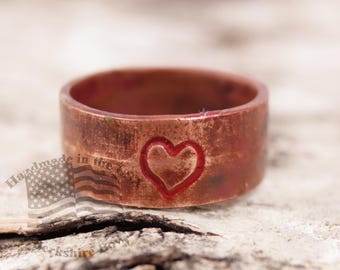 Stamped Copper Heart Ring: Rustic Love Jewelry