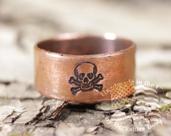 Stamped Copper Skull & Crossbones Ring: Pirate Jolly Roger Jewelry