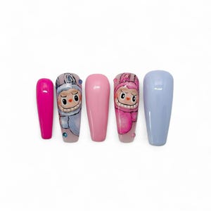 Labubu Inspired Press-On Nails – Hand Painted Pastel Nail Art – Kawaii Cute Fake Nails – Custom Set of 10