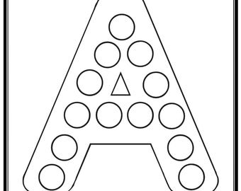Peut inclure: Dessin en noir et blanc de la lettre "A" avec des cercles et un triangle à l'intérieur. La lettre est conçue pour les activités de marqueurs à points, avec un contour épais et un design simple et épuré.