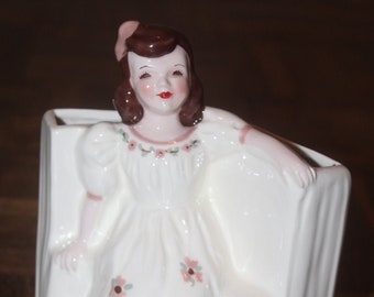 Vintage MC Florence Ceramics Planter Pasadena Ca Lounging Brunette Woman with Flowing White Dress with Pink Flowers