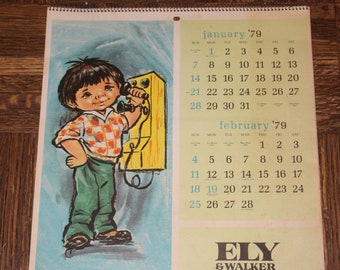 Vintage 1979 Ely & Walker Advertising Calendar with Big Eye Drawings Perhaps Margaret Keane, M Medeiros, or Rico Tomaso