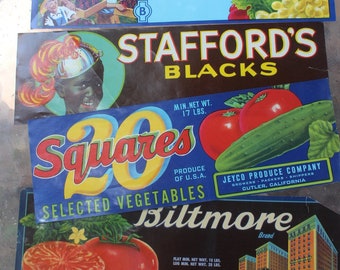 Vintage 1930s 1940s Original Colorful Paper Fruit & Vegetable Crate Labels Tom and Sons, Stafford's Blacks, 20 Squares and Biltmore Lot of 4