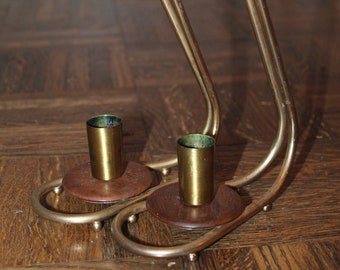 Vintage 1970s Danish Style Teak and Brass Free Form Boho Mod Candlestick Holders Candle Holders