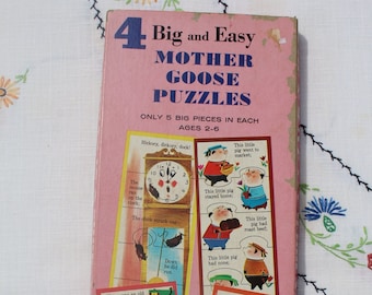 Vintage 1960s Whitman Big and Easy Mother Goose Puzzles No 4594 Set of 4 in Original Box