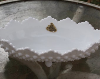 Vintage Fenton Hob Nail Hobnail White Milk Glass Footed Scalloped Edge Pickle Dish 3640 as New with Sticker