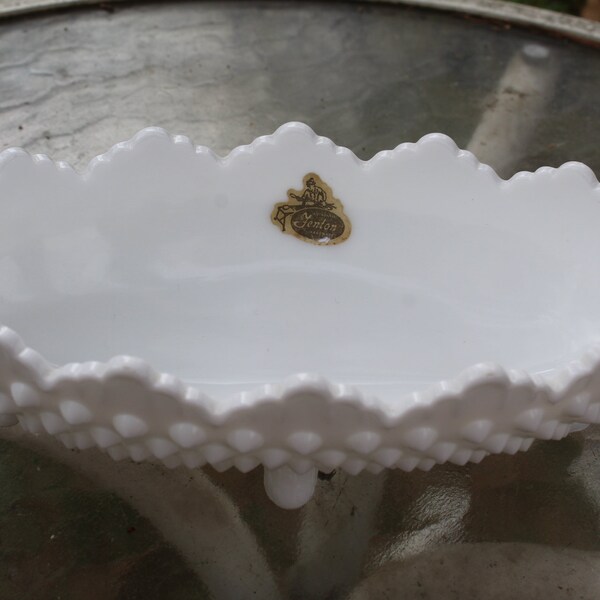 Vintage Fenton Hob Nail Hobnail White Milk Glass Footed Scalloped Edge Pickle Dish 3640 as New with Sticker