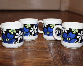 Vintage 1970s Royal Blue and Sage Green Flowered Ceramic Cups Mugs Made in Japan Set of 4