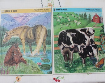 Vintage 1990s Rainbow Works 75911 Horse & Colt and Rainbow Works 75911-3 Cow and Calf Farm Animals Frame Tray Puzzles