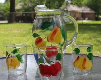 Vintage 1940s 1950s MCM Gay Fad Bartlett Collins Crystal Fruits Juice Pitcher and 3 Juice Glasses with Hand Painted Decoration 940 Set of 4