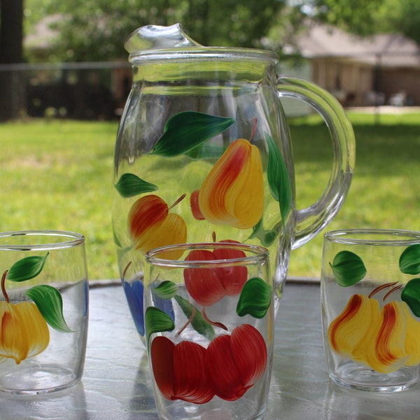 Vintage 1940s 1950s MCM Gay Fad Bartlett Collins Crystal Fruits Juice Pitcher and 3 Juice Glasses with Hand Painted Decoration 940 Set of 4