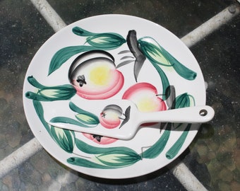 Vintage 1940s Unusual Cake Plate and Ceramic Pie Cake Server with Stylized Tomato? Marked 52/729