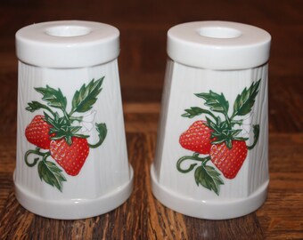 Vintage 1980s 1983 Wicks' 'n' Sticks Wicks n sticks Pair of Octagon Shaped Ceramic with Strawberries Candlestick Holders