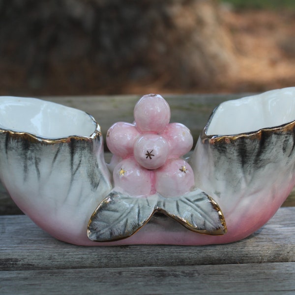 Vintage MCM 1950s 1960s Pink and Gray Ucagco Ceramic Double Planter with Berries and Leaves with Shiny Gold Accents